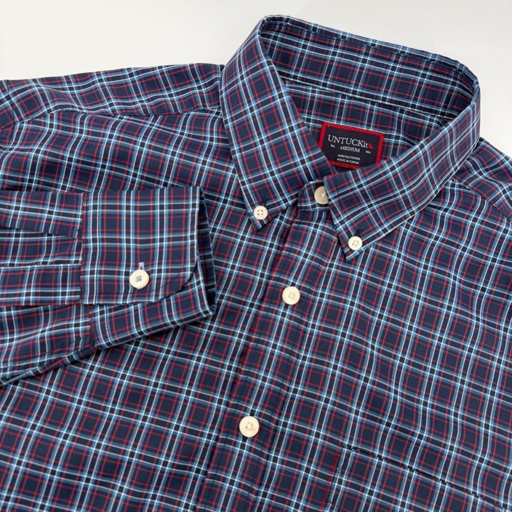 UNTUCKit Martinet Performance Shirt Men Medium Blue Red Plaid Long Sleeve Button
